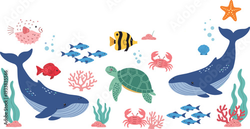 Cute ocean animals vector set with whales turtle fish crab starfish coral and sea plants, colorful marine life illustration for kids design