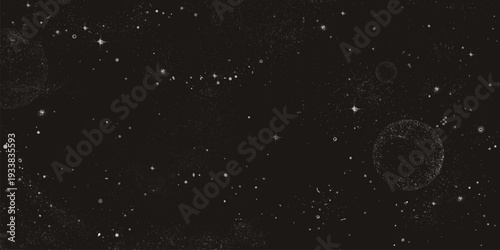 Halftone space background with dot planets and stars on black. Vector realistic illustration of vintage grunge wallpaper with abstract white spots, asteroids, constellations, dotwork galaxy design