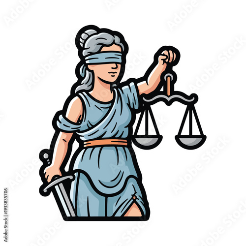 Blindfolded Lady Justice holding scales and sword in a classical illustration style