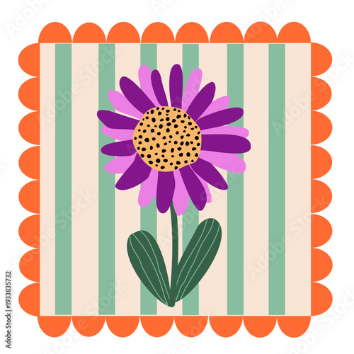 Fiore decorativo minimalista su sfondo a righe vintage