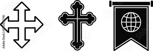 Directional arrows Christian cross church banner globe symbol minimalist black outline vector icon set isolated background
