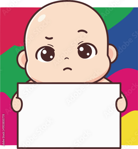 Worried cartoon baby with big eyes holding a blank white sign against a vibrant colorful abstract background