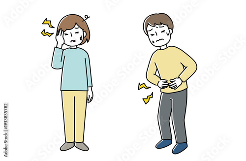 頭痛の女性と腹痛の男性のイラスト