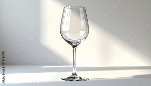 Elegant Wine Glass on White Surface with Light and Shadow.