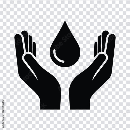 Black silhouette of hands cupping a water droplet icon