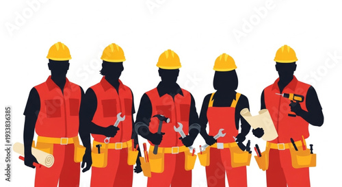 Construction Workers Team Standing Together Holding Tools.