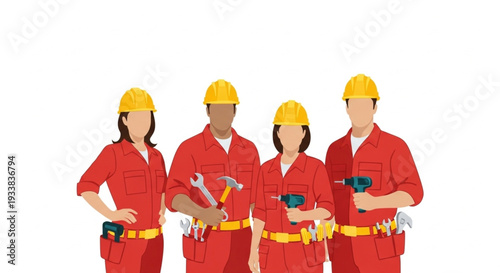 Construction Workers Team Uniforms Safety Helmets Tools.