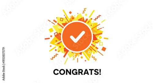 Vector graphic illustration celebrating success achievement with a vibrant orange checkmark and confetti burst