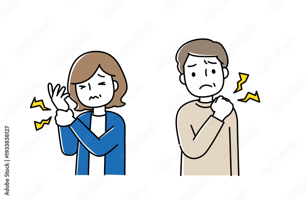 Fototapeta premium 手首が痛む女性と肩こりの男性のイラスト