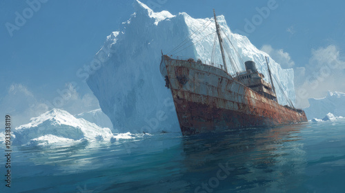 Arctic iceberg floats with hidden danger below concept. An old ship stranded near a massive iceberg in clear blue waters.
