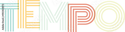 Aesthetic wordmark with the word tempo in colorful striped fonts, typography design with geometric lines and circles