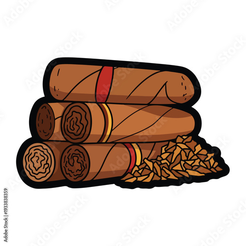 A Stack of Cigars and Tobacco Leaves in a Graphic Illustration Viewed from the Side