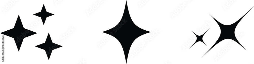 Fototapeta premium Three distinct styles of black sparkle icons arranged horizontally on a clean white background