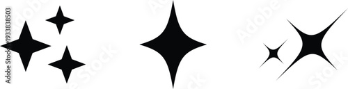 Three distinct styles of black sparkle icons arranged horizontally on a clean white background