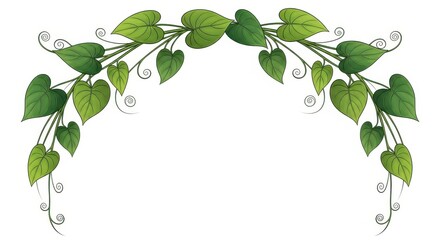 Curved banner design features numerous heart-shaped green leaves and delicate tendrils against a white background.