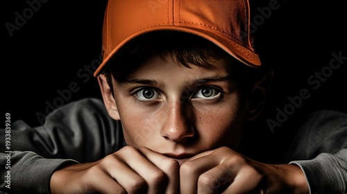 Wallpaper Mural Young Boy in Orange Cap with Intense Expression Torontodigital.ca