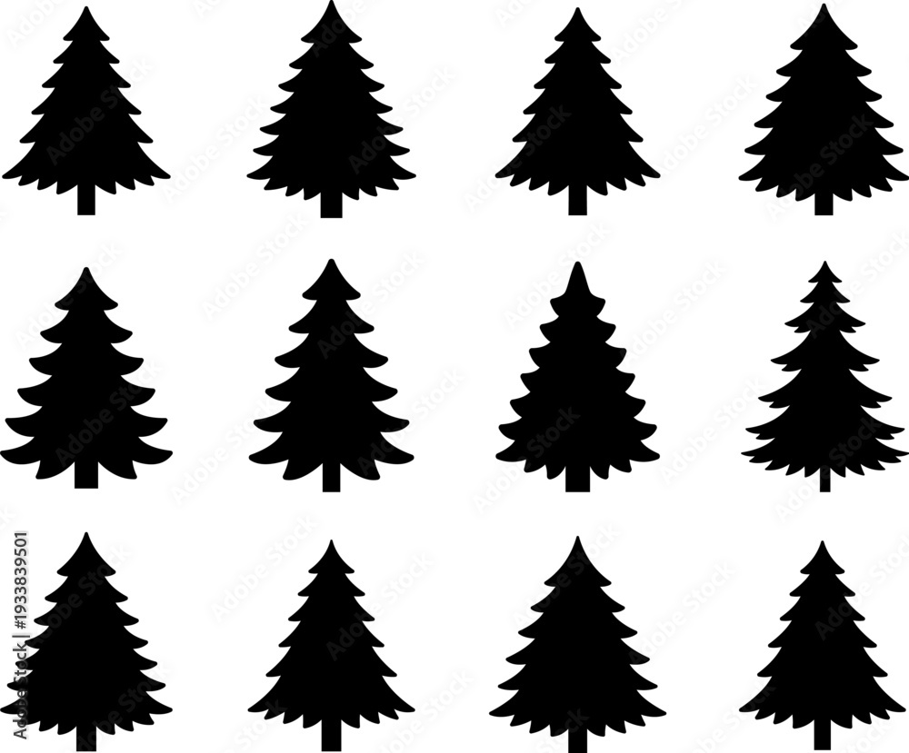 Obraz premium A black and white vector set of pine tree icons. This collection features various minimalist forest silhouettes for logo design, labels, signs, and branding elements.