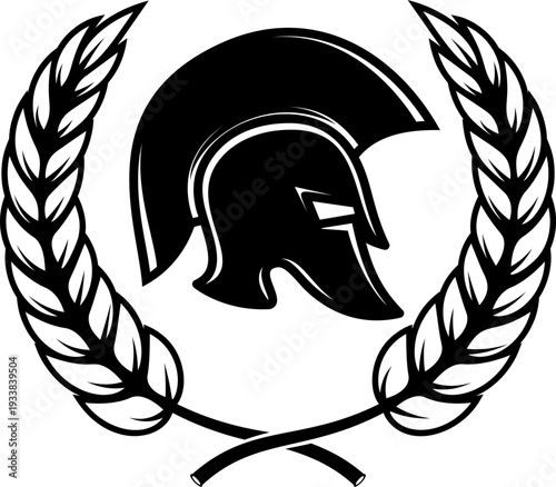 A black and white vector illustration of a Spartan or Greek warrior helmet enclosed in a laurel wreath. A powerful minimalist silhouette for sports or security logos.