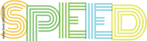 Retro speed text design with colorful linear stripes on transparent background for athletic branding and active lifestyle.