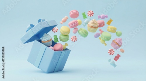 Blue gift box overflowing with colorful candies and sweets floating against light blue background