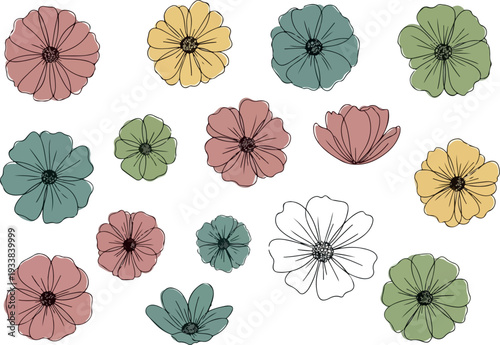 A collection of colorful flowers in various hues and stages of illustration, presented in a grid-like arrangement on a plain background from a direct viewpoint