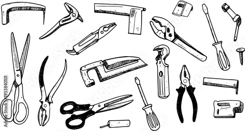 Hand-drawn Doodle Sketch Set of Work Tools: Pliers, Scissors, Screwdrivers, Saw, Wrench, and various DIY and construction instruments.