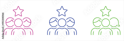 Three groups of people icons in pink, blue, and green with stars above vector illustration
