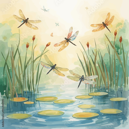Serene dragonflies dancing over peaceful pond with lily pads