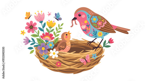Mother bird feeding chick in floral nest with butterflies