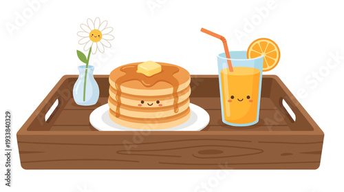 Cute breakfast in bed tray with pancakes and orange juice