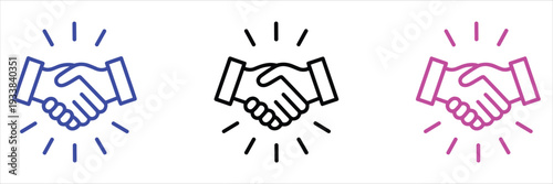 Three Handshake Icons in Different Colors on White Background Keywords: handshake, business, agreement, deal, partnership