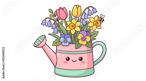 Cute watering can with spring flowers and a little bee