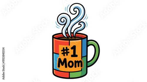 Colorful coffee mug with #1 Mom text and steaming hot drink