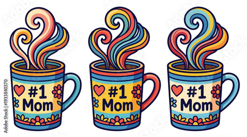 Three #1 Mom coffee mugs with colorful steaming vapor design