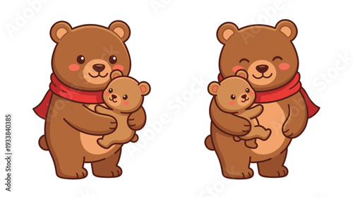 Cute brown bears hugging their cubs wearing red scarves