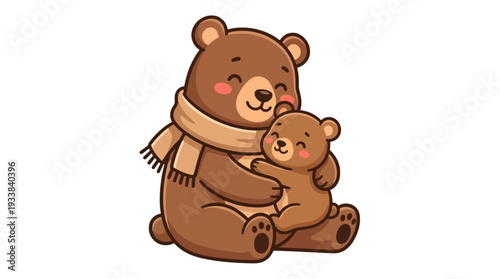 Adorable brown bear hugging its cub wearing a warm scarf