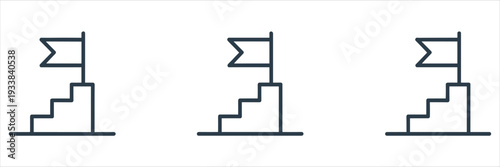 Three Icons of Stairs Leading to a Flag on a White Background Keywords: stairs, steps, flag, goal, success, achievement