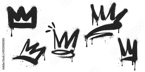 collection of Spray painted graffiti crown sign in black over white. Crown drip symbol. isolated on white background