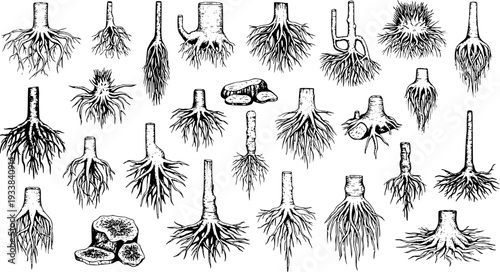 Detailed Hand-Drawn Collection of Plant Root Systems: Botanical Sketch of Various Underground Roots, Tubers, and Taproots