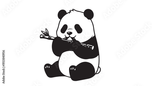 Playful panda enjoying bamboo while sitting calmly in a cartoon illustration.