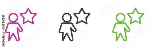 Three outline icons of a person with a star in purple gray and green on white Keywords: person icon star icon rating icon