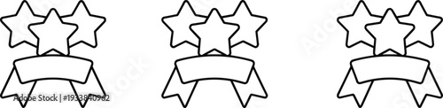Three outline icons of three stars above a banner ribbon Keywords: stars, star, banner, ribbon, award, trophy, prize