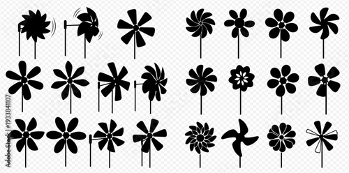 Collection of various pinwheel silhouettes, including spinning and static designs, in black on a transparent background.