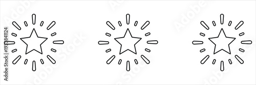 Three outline stars with radiating lines on white background Keywords: star, stars, outline, line art, symbol, icon, graphic