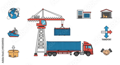 Container Ship Crane Truck and Global Logistics Icons.