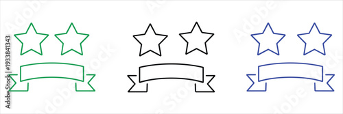 Three sets of outline stars and banners in green black and blue on white Keywords: star icon banner icon rating icon award icon
