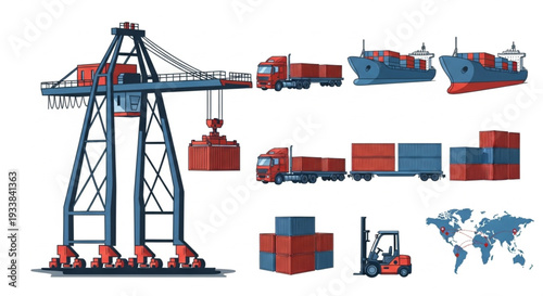 Container Ship Crane Truck Forklift and World Map Illustration.