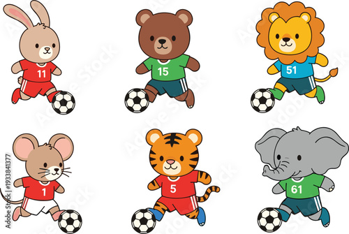 Set of cute cartoon animal characters playing soccer including lion bear elephant tiger rabbit and mouse in sports uniforms for kids nursery decor or school sports day concept.