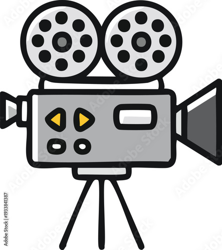  minimal line icon of movie camera or film camera, simple outline, black and white,