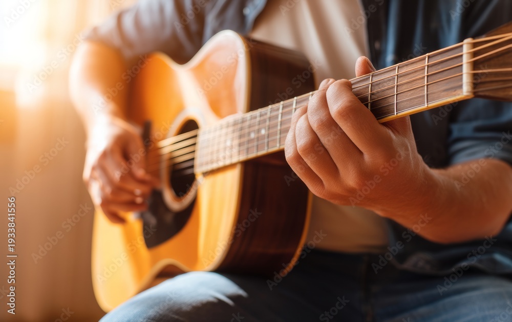 Fototapeta premium Musician Tuning Guitar in Bright Room Setting